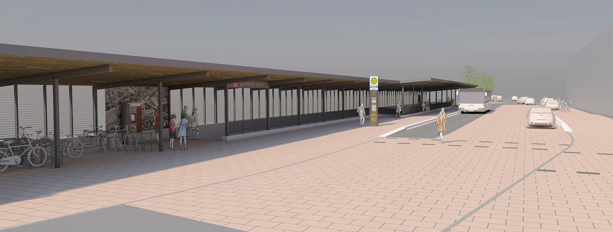 So könnte der neue rückseitige Bahnhofszugang künftig aussehen: Die Überdachung ist aus einem Guss und bietet ausreichenden Witterungsschutz für die Zugangstreppe zur Personenunterführung, die Fahrradabstellanlage und den Wartebereich für Busfahrgäste