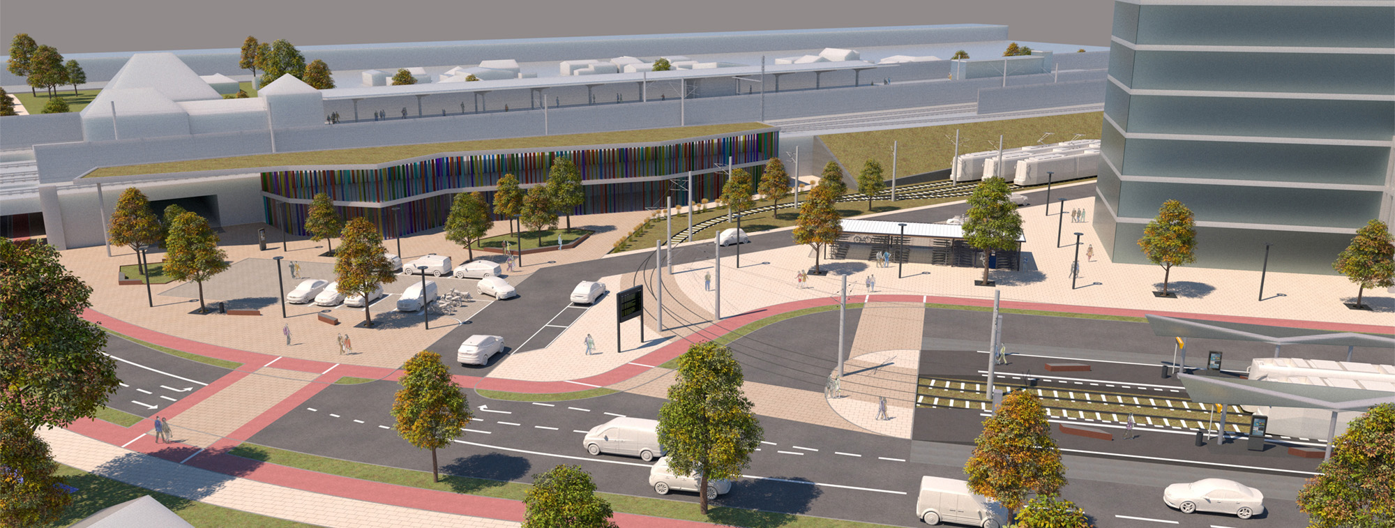 Bahnhofsvorplatz mit Straßenbahn und Fahrradparkhaus