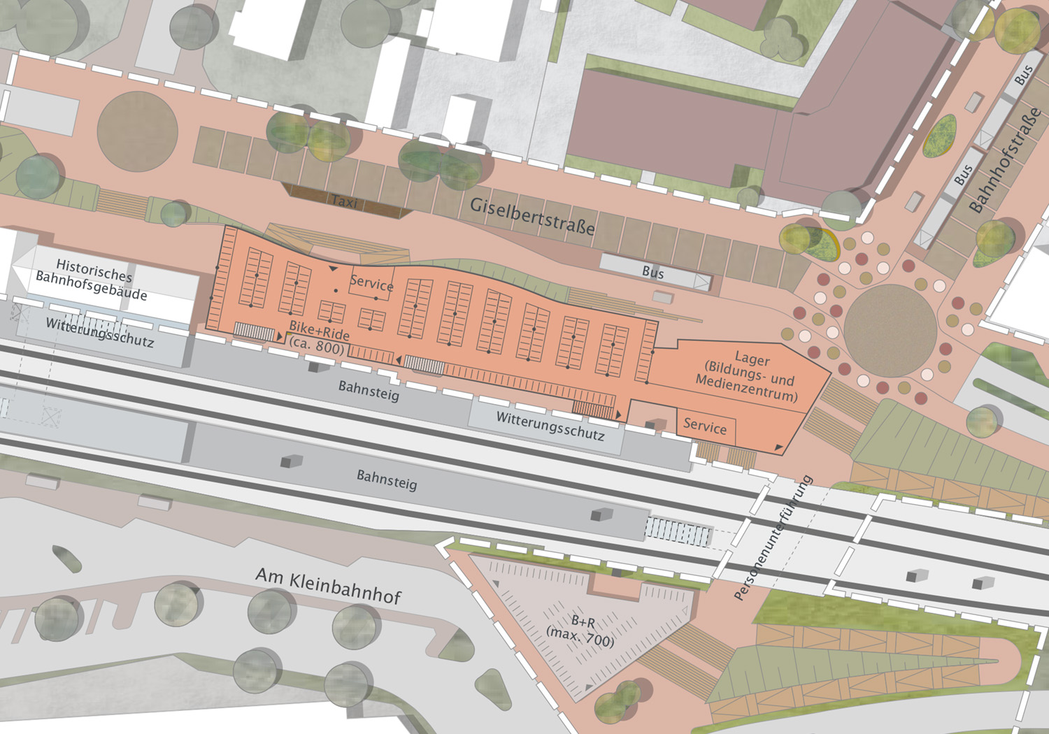Die Fahrradabstellanlage im Untergeschoss ist aus der Giselbertstraße und der Personenunterführung ebenerdig zu erreichen