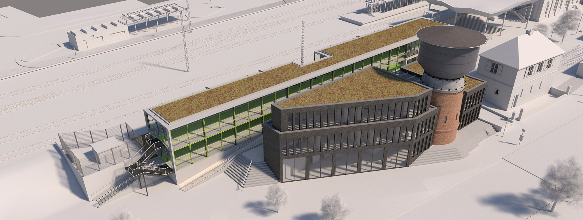 Blick von oben: Das Fahrradparkhaus fügt sich in die vorhandene und geplante Bebauung im Bahnhofsumfeld ein