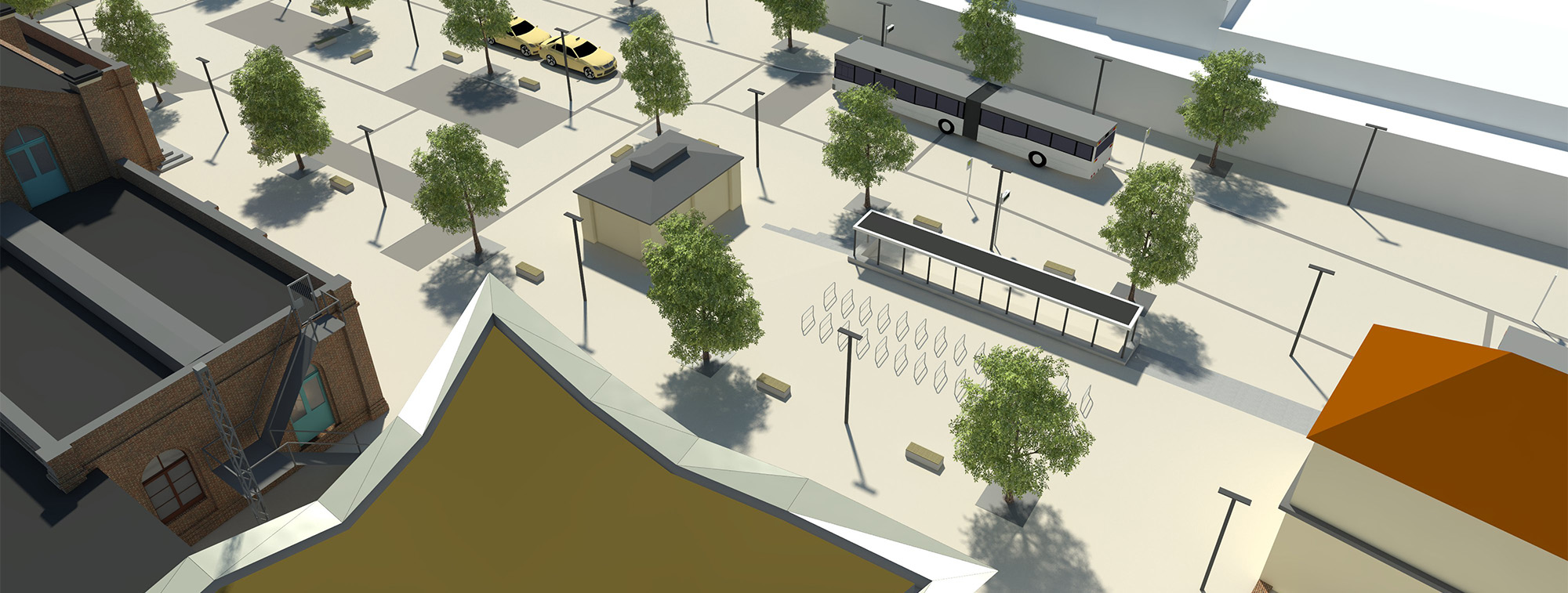 Der Bahnhofsvorplatz und die angrenzenden Straßenräume als Begegnungszone (Visualisierung)