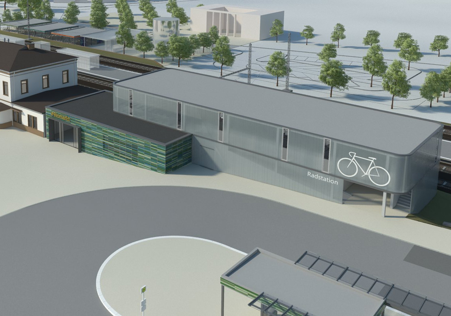 Der Nahversorger im Erdgeschoss, Fahrradparken findet im Obergeschoss statt