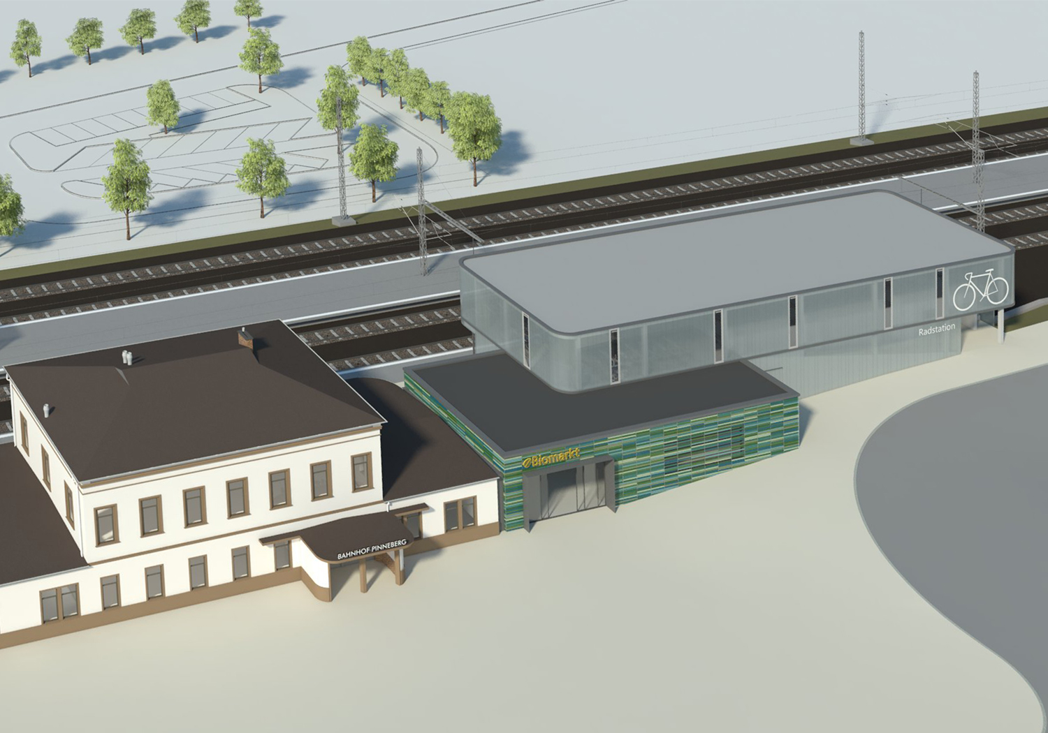 Angrenzend an das EG sollen ein Nahversorger sowie ein Fahrradparkhaus entstehen