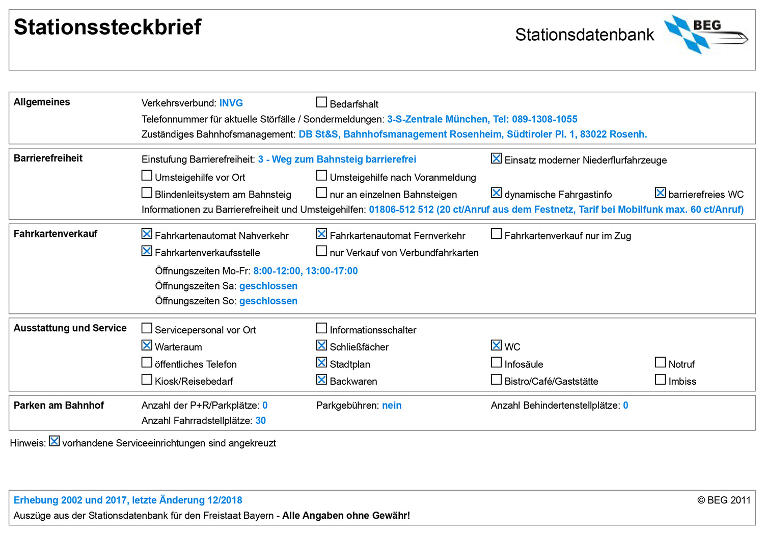 Auszug aus der Datenbank für den Bahnhof Eichstätt Stadt